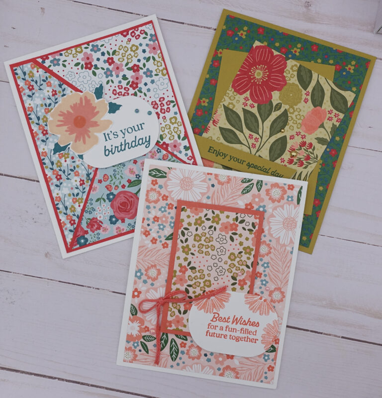 Basic White and Calypso Coral card with flower patterned paper and the sentiment "Best Wishes for afun-filled future together" on a oval shape